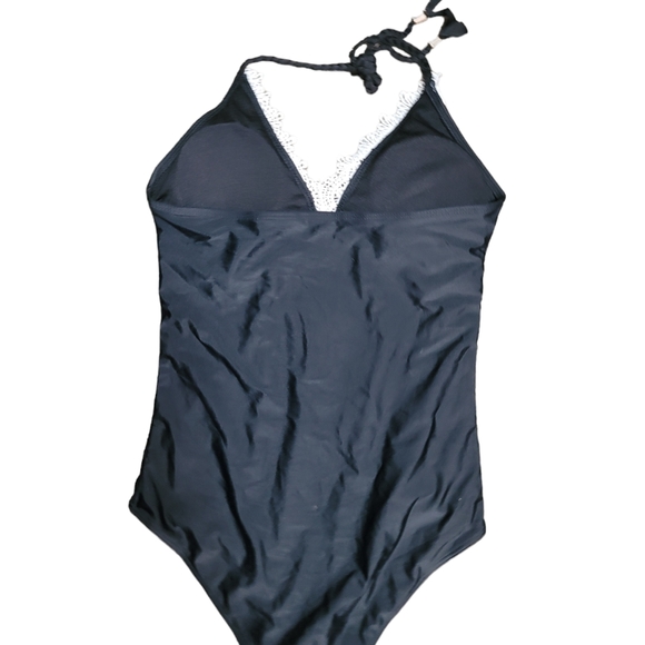 Boutique 1PC Black Swimsuit SMALL Crochet Trim Plunging VNeck Coquette Girl NWOT - Picture 4 of 15